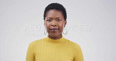 Buy stock photo Portrait, creative and black woman with smile in studio for student ID, application and university. Person, mockup space and candidate, registration and identity of fashion course on white background