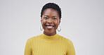 Portrait, creative and African woman in studio for career pride, about us and journalist ambition. Happy, female person and reporting news, story writer and publication agency on white background