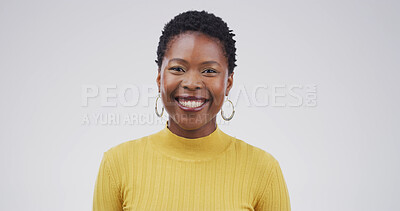 Buy stock photo Portrait, creative and African woman in studio for career pride, about us and journalist ambition. Happy, female person and reporting news, story writer and publication agency on white background