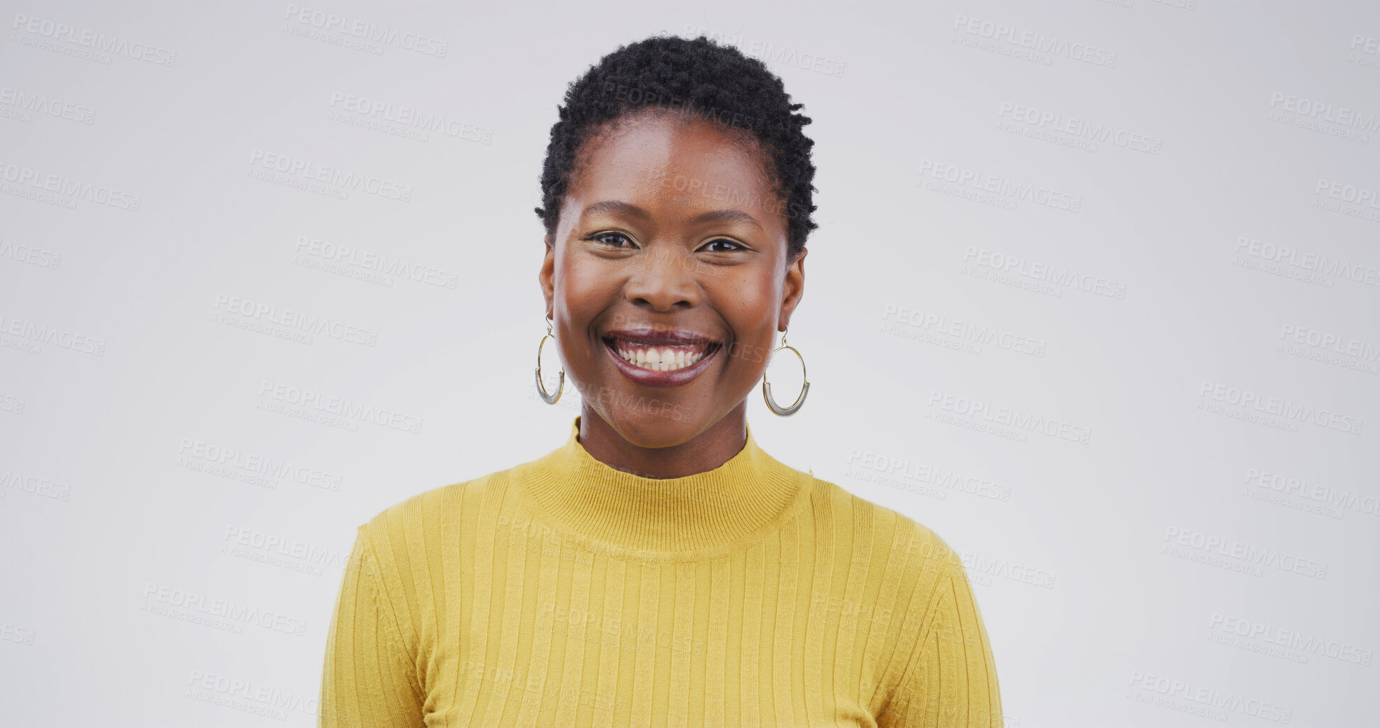 Buy stock photo Portrait, creative and African woman in studio for career pride, about us and journalist ambition. Happy, female person and reporting news, story writer and publication agency on white background