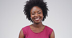 Portrait, afro care and happy black woman with beauty, growth and texture on white studio background. Face, hairstyle and smile with African person for salon treatment, volume and haircare with space