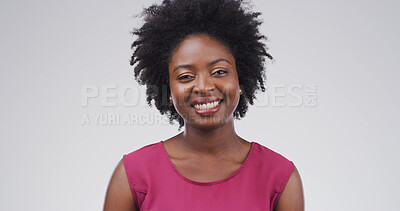 Buy stock photo Portrait, afro care and happy black woman with beauty, growth and texture on white studio background. Face, hairstyle and smile with African person for salon treatment, volume and haircare with space