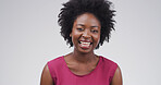 Portrait, hair care and black woman laugh for beauty, growth or texture on white studio background. Face, hairstyle and smile with funny African person for salon treatment, volume or afro with space