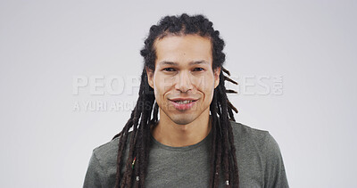 Buy stock photo Portrait, happy and creative man in studio for career pride, about us and journalist ambition. Space, person and good mood for reporting news, story writer and publication agency on white background