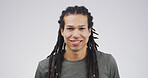 Hair care, happy and man with portrait in studio for dreadlocks growth, maintenance or scalp health. Mockup space, person or smile on white background for hairstyle, salon treatment or grooming pride