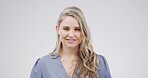Happy, woman and portrait of teacher in studio with confidence for education career at high school. Smile, about us and female educator from London with pride for job opportunity by white background.