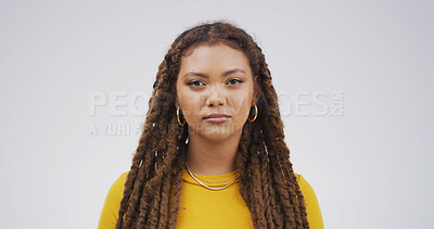 Buy stock photo Serious, woman and portrait of teacher in studio with confidence for education career at high school. Professional, about us and female educator from Mexico for job opportunity by white background.