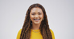 Portrait, African woman and student in studio for education, scholarship and college. Space, female pupil and smile of learning course, study opportunity and university curriculum on white background