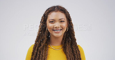 Buy stock photo Portrait, African woman or student in studio for education, scholarship or college. Space, female academic or smile of learning course, study opportunity and university curriculum on white background