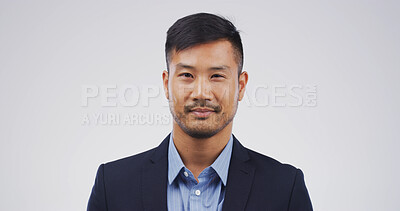 Buy stock photo Asian man, corporate and portrait for business in studio with attorney on white background. Confidence, space and expert worker with professional lawyer, ambition and pride for legal career in Taiwan
