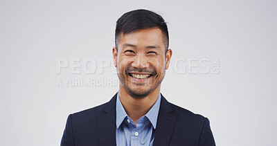 Buy stock photo Studio, entrepreneur and man with smile, portrait and excited for business loan approval and happy. White background, ambition and positive attitude for opportunity, pride or Asian person in Thailand