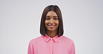 Smile, pride and portrait of woman in studio with positive attitude for creative career. Happy, confident and female editor from India with job opportunity for publishing by white background.