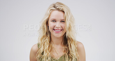 Buy stock photo Hair, portrait and smile with woman on studio space for conditioner, keratin or shampoo results. Beauty, growth and satisfaction with happy model isolated on white background for haircare or volume