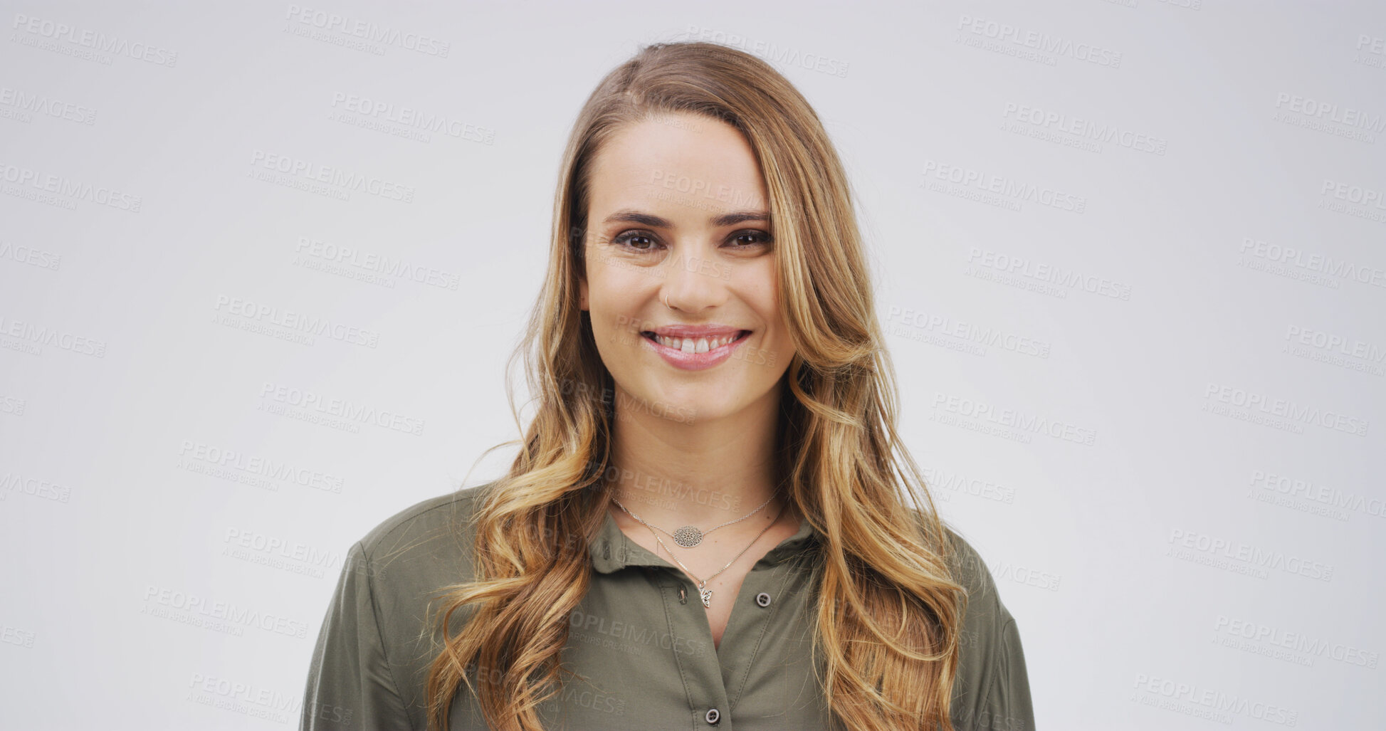 Buy stock photo Beauty, hair and portrait with happy woman on studio space for conditioner, keratin or shampoo results. Growth, smile and volume with model isolated on white background for haircare satisfaction