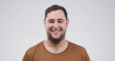 Buy stock photo Portrait, student and man with smile in studio for education, scholarship or college. Space, male academic or happy for learning course, study opportunity or university curriculum on white background