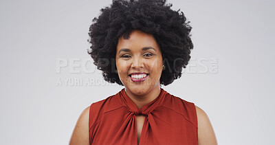 Buy stock photo Portrait, afro care and happy woman in studio for beauty, growth and texture on white background. Face, hairstyle and smile with African person for salon treatment, volume and haircare with space