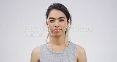 Buy stock photo Portrait, student or woman with pride in studio of education, scholarship and college. Female academic, knowledge or learning course, studying opportunity or university curriculum on white background