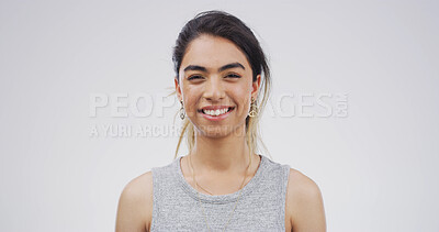 Buy stock photo Knowledge, portrait and smile of student on studio space for development, learning or university study. College, future and growth for happy woman isolated on white background for education or school