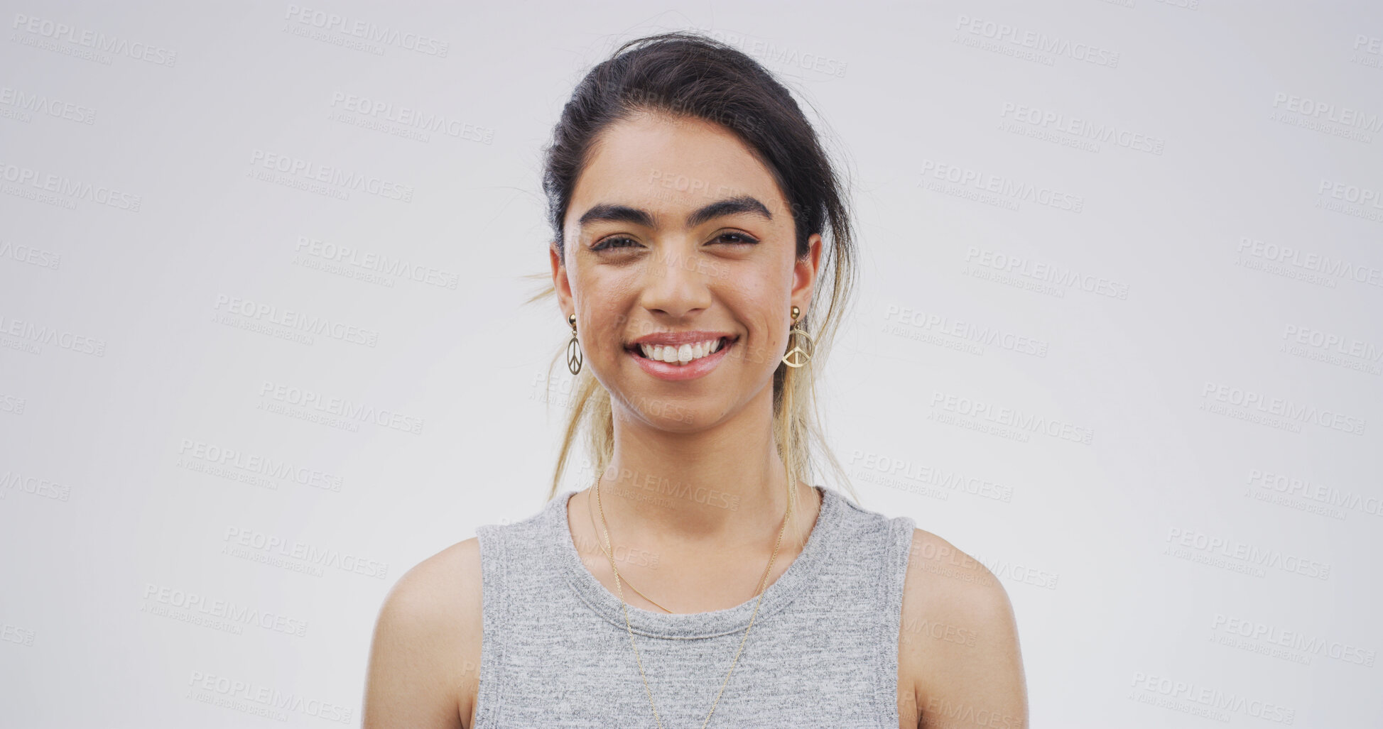Buy stock photo Knowledge, portrait and smile of student on studio space for development, learning or university study. College, future and growth for happy woman isolated on white background for education or school