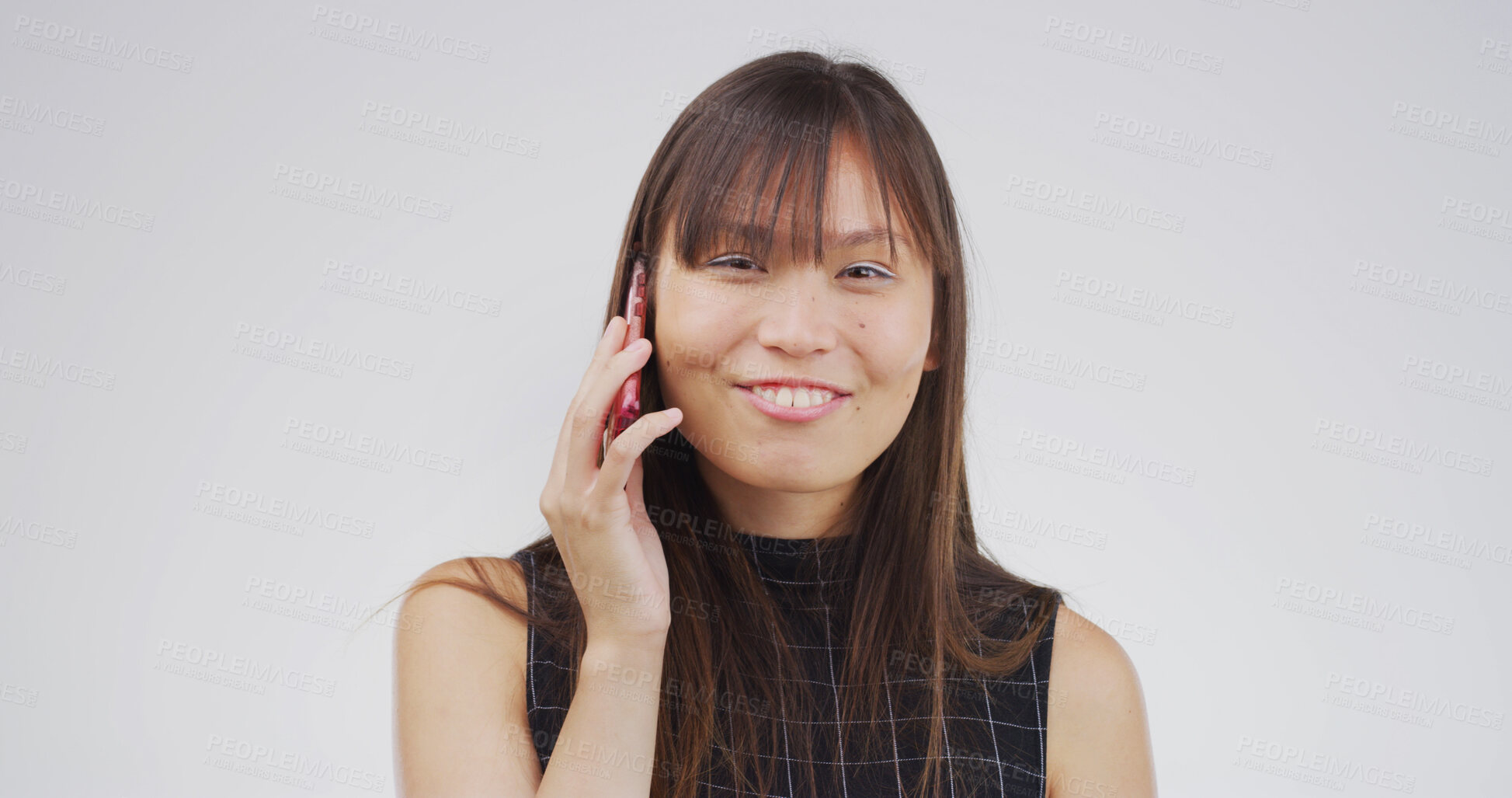 Buy stock photo Asian woman, portrait and phone call in studio for communication, contact or chat on white background. Smile, person with mobile conversation or networking for connection, space or technology