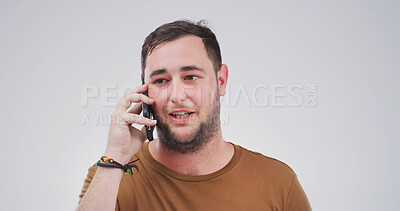 Buy stock photo Phone call, news and man talking to contact for communication, update or listening. Studio, conversation and person with mobile connection for info, advice or response on white background with space