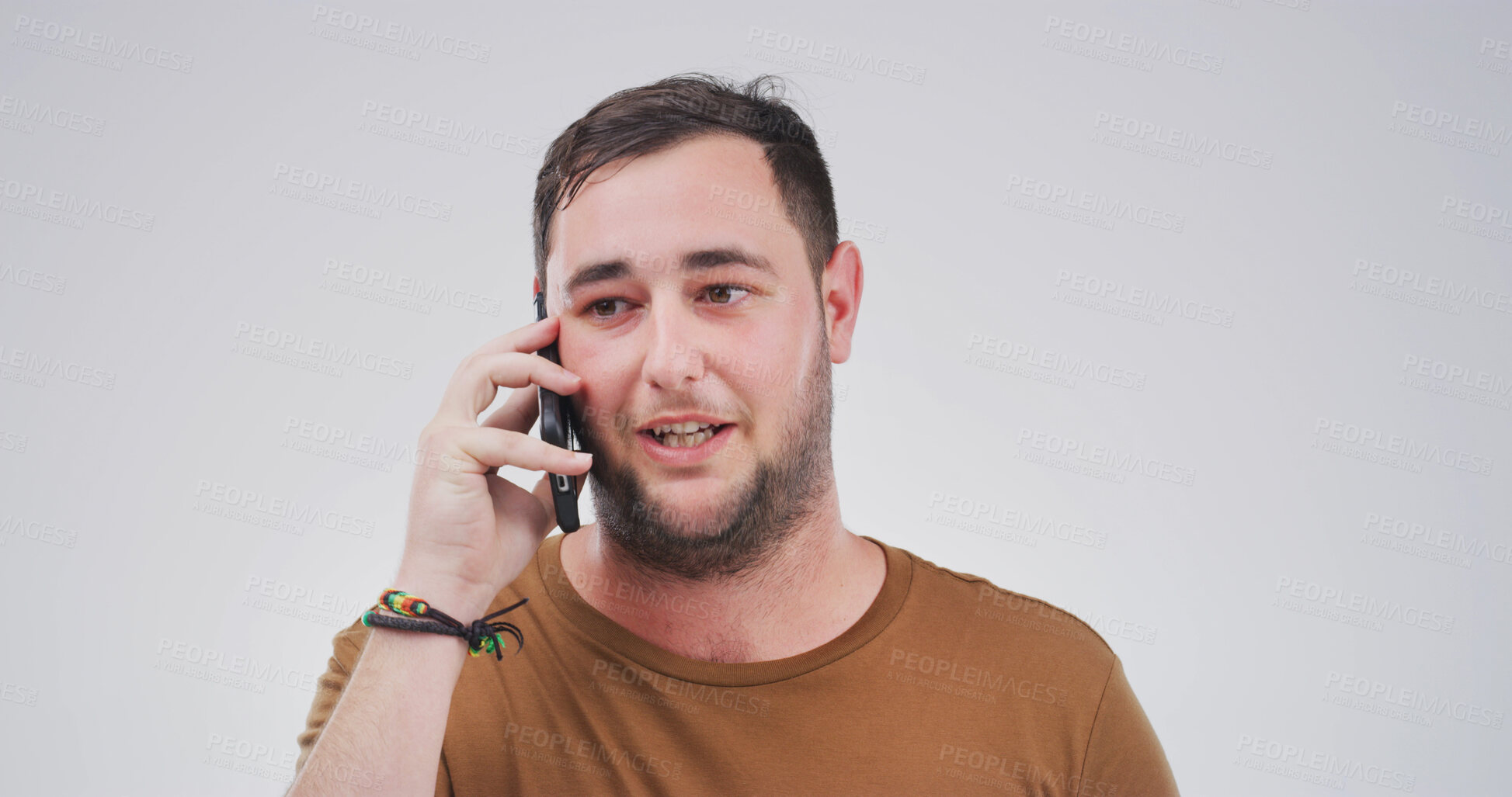 Buy stock photo Phone call, news and man talking to contact for communication, update or listening. Studio, conversation and person with mobile connection for info, advice or response on white background with space