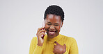Happy, black woman and laughing with phone call in studio for humor on a white background. Female person, African model or smile with mobile smartphone for funny joke, comedy or gossip on space