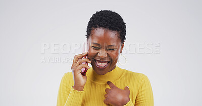 Buy stock photo Happy, black woman and laughing with phone call in studio for humor on a white background. Female person, African model or smile with mobile smartphone for funny joke, comedy or gossip on space