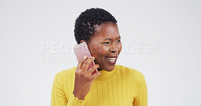 Buy stock photo Communication, woman and talking to contact, phone call and discussion with tech, network or studio. White background, black person and chat with mobile, listen and happy for conversation and gossip