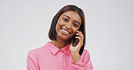 Indian woman, portrait and phone call in studio for communication, contact or chat on white background. Smile, female person with mobile conversation or networking for connection, space or technology