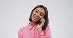 Studio, woman and listening to contact, phone call and communication with tech, talk and discussion. White background, black person and chat with mobile, network and happy for conversation or gossip