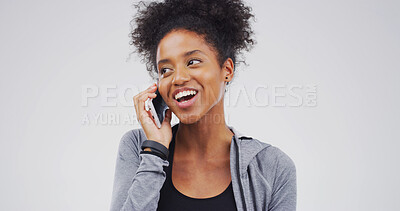 Buy stock photo Thinking, phone call or happy black woman in studio with contact, chat or conversation. Feedback, listen and African person on mobile discussion with smile, gossip or mockup space on white background