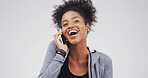 Funny, phone call and woman in studio for chat, communication and joke. African person, mobile and laughing with contact for news, gossip story and talking on white background space for humor