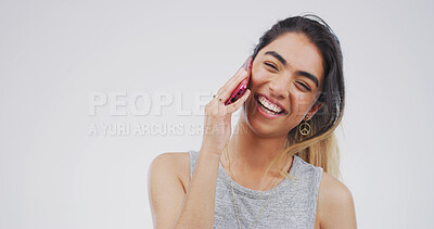 Buy stock photo Laughing, woman and communication with phone call, studio or talking to contact with tech or mockup. Happy, person and listening to funny joke on mobile, white background and digital conversation