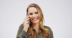 Smile, phone call and woman in studio for laugh, communication and gossip story. Mobile, portrait and person talking to contact for news, funny joke and chat on white background space for humor