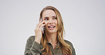 Face, phone call and thinking with happy woman on space in studio for negotiation or networking. Conversation, ideas and smile with person isolated on white background for mobile communication