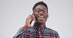 Black man, portrait and phone call in studio for communication, contact or chat on white background. Smile, male person with mobile conversation or networking for connection, space or technology