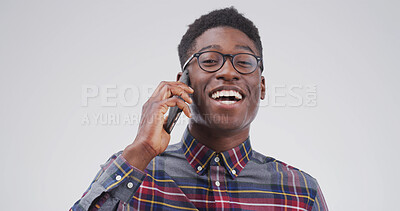 Buy stock photo Black man, portrait and phone call in studio for communication, contact or chat on white background. Smile, male person with mobile conversation or networking for connection, space or technology
