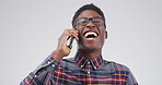 Black man, phone call and happy with laugh in studio for funny story, chat or gossip on white background. African person, student and smartphone for joke, nerd and comic discussion with mockup space