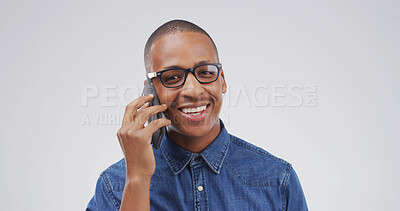 Buy stock photo Education, phone call and portrait with black man on studio space for conversation or study schedule. Communication, mobile and smile of happy student isolated on white background for college update