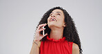 Phone call, laugh and woman talk in studio for communication, update or listening. Contact, conversation and person with mobile connection for comedy, joke or funny on white background with space