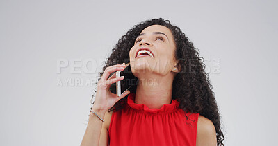 Buy stock photo Phone call, laugh and woman talk in studio for communication, update or listening. Contact, conversation and person with mobile connection for comedy, joke or funny on white background with space