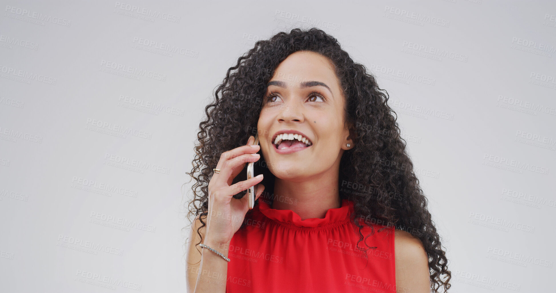 Buy stock photo Phone call, funny and woman talk in studio for communication, update or laughing. Contact, conversation and person with mobile connection for comedy, joke or happy on white background with space