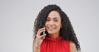 Buy stock photo Portrait, phone call and woman in studio, conversation and communication on white background. Happy person, smartphone and mockup space with connection, listen and chatting to contact or digital app