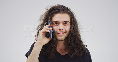 Buy stock photo Phone call, portrait and update with student man on studio space for conversation or study schedule. Communication, mobile and smile of person isolated on white background for college or university