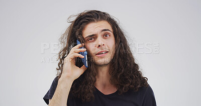 Buy stock photo Confused, phone call or man in studio with doubt, chat or conversation on white background. Feedback, fake news and creative person on mobile discussion with ideas, client questions or mockup space