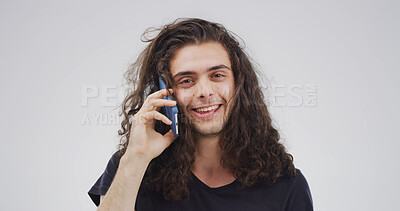 Buy stock photo Education, phone call and portrait with man on studio space for conversation or study schedule. Communication, mobile and smile of student isolated on white background for college or university