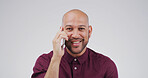Creative, phone call or happy man in studio portrait with contact, chat or conversation. Feedback, deal and male designer on mobile discussion with smile, client or mockup space on white background