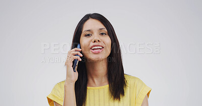 Buy stock photo Portrait, phone call and woman in studio, talking and communication on white background. Person, smartphone and discussion with connection, conversation and chatting to contact, space and digital app