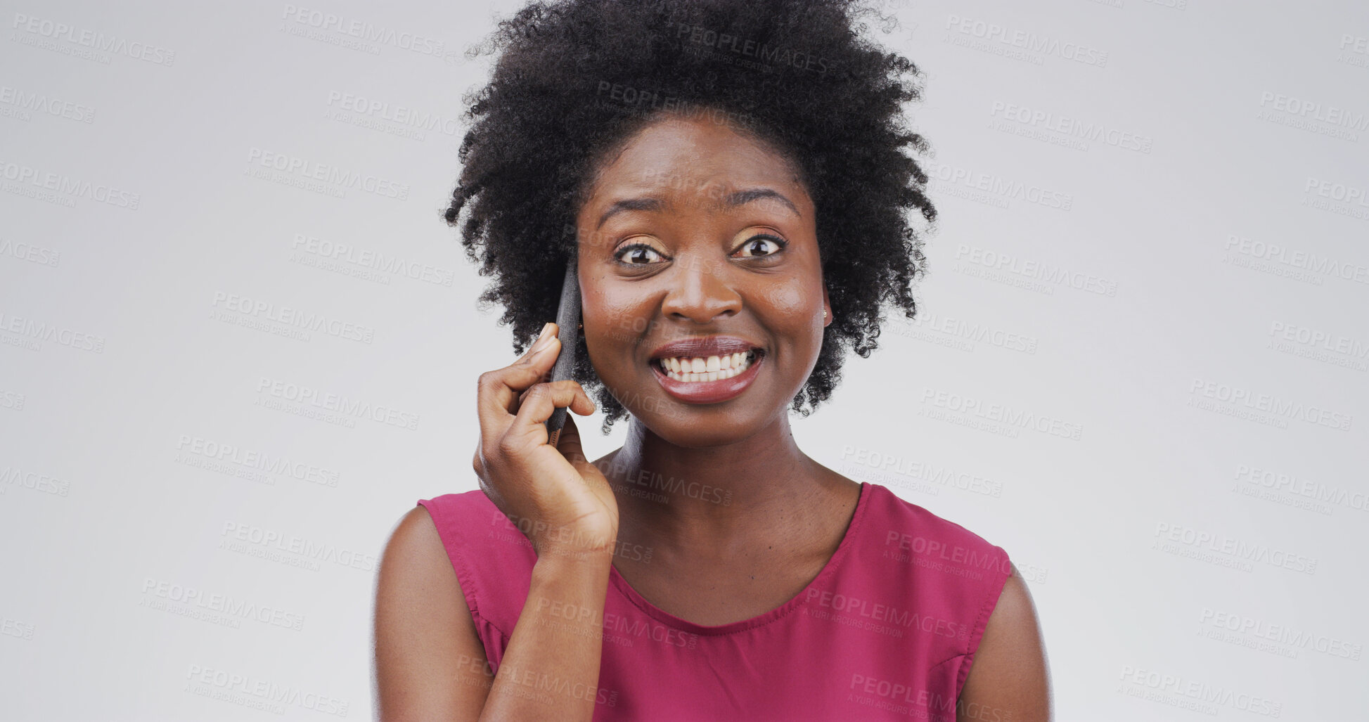 Buy stock photo Portrait, phone call and black woman in studio, good news and discussion on white background. African person, cellphone or shocked with connection, conversation or chatting to contact or announcement